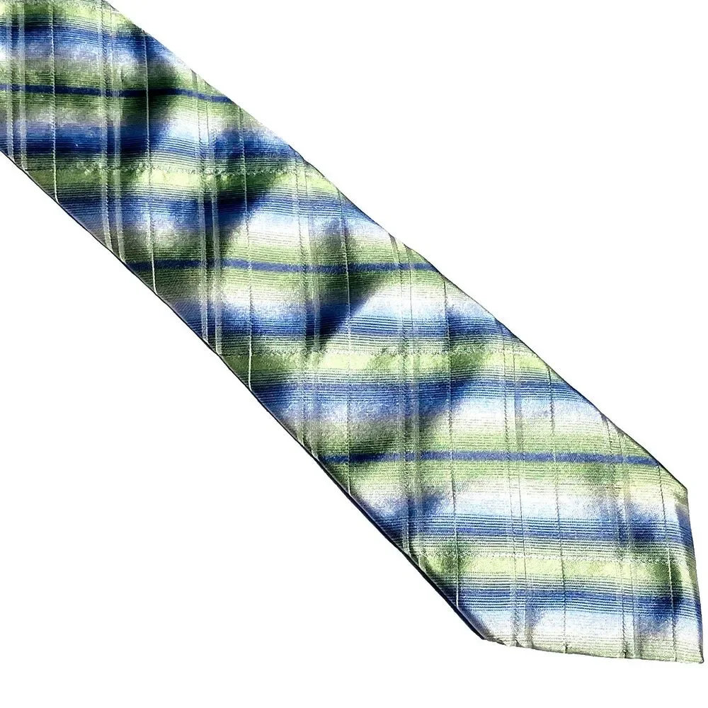Perry Ellis Portfolio Tie Tartan Plaid Shiny Blue Green Irish Celtic Summer Scot